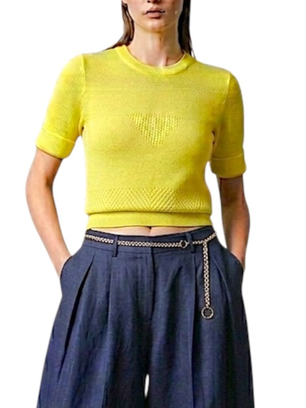 Vintage 70s 80s fitted lemon yellow knit short sleeve cropped sweater top M